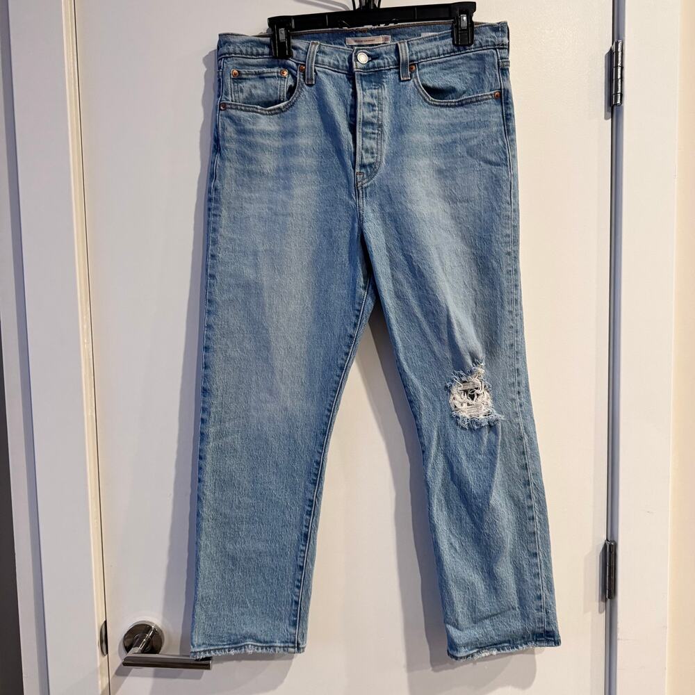 Levi's Wedgie Straight Denim Jeans Blue High Rise Zip Distressed Ankle Sz 31